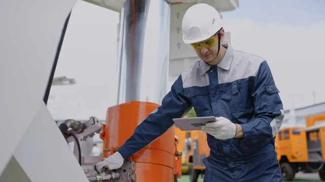 Hydraulic engineer with tablet computer doing safety check on new installation hoses of industrial machine of mining. Concept industry open mine work.