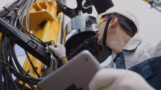 Offshore worker inspect with tablet drilling rig for exploration of minerals for oil, gas and artisan water. Concept smart online Industry.