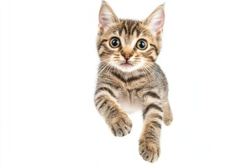 Cute tabby kitten jumping isolated on white background