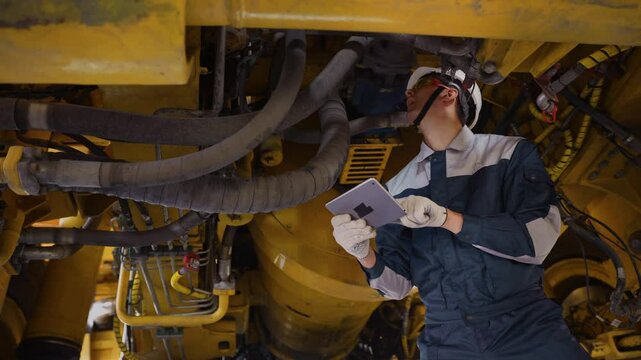 Mechanic with tablet computer diagnostics of diesel engine from industrial truck in garage. Fix service repair industry lorry concept.