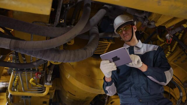 Mechanic with tablet computer diagnostics of diesel engine from industrial truck in garage. Fix service repair industry lorry concept.