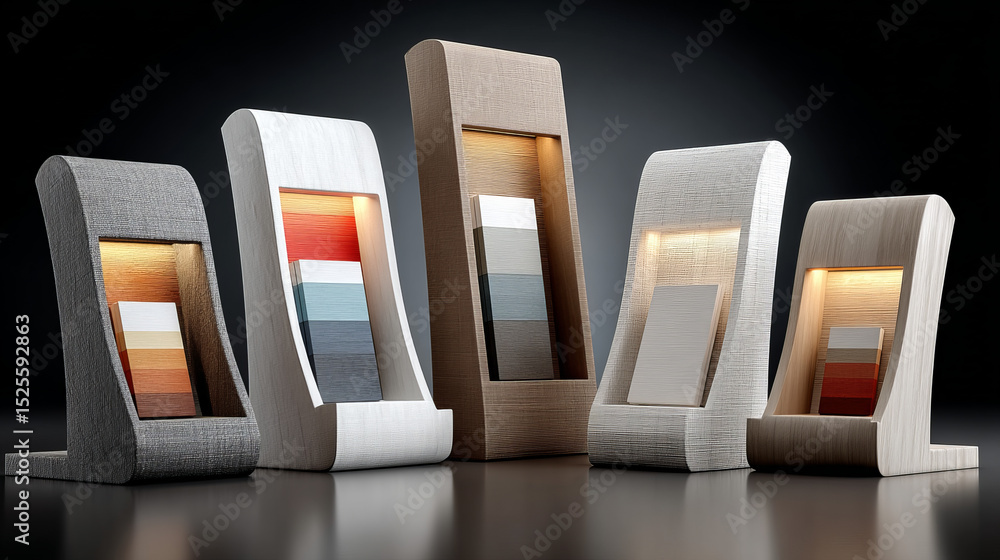 Poster set of blank white cardboard display stands, various angles of view for product showcasing. realisti
