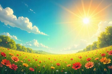 Fototapeta premium A vibrant, sun-drenched scene evoking feelings of joy and contentment; perfect for illustrating concepts of well-being and positive mental health , field, spring