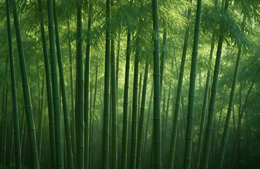 Lush green bamboo forest creating a tranquil atmosphere during early morning light