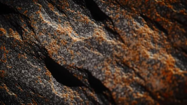Close up view of rough textured rock surface with orange and gray colorations in diagonal view