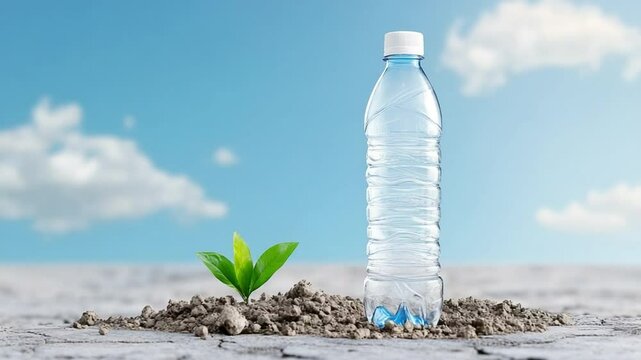 Revitalizing Life's Essence: A transparent water bottle stands tall next to a sprouting plant, a symbolic blend of nature and the vital elixir of life, set against a soft cloudy sky.