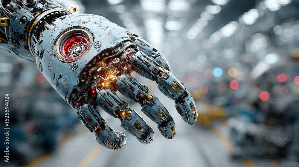 Poster erp: hands of robot and human touch enterprise resource planning (erp) of global networking, streaml