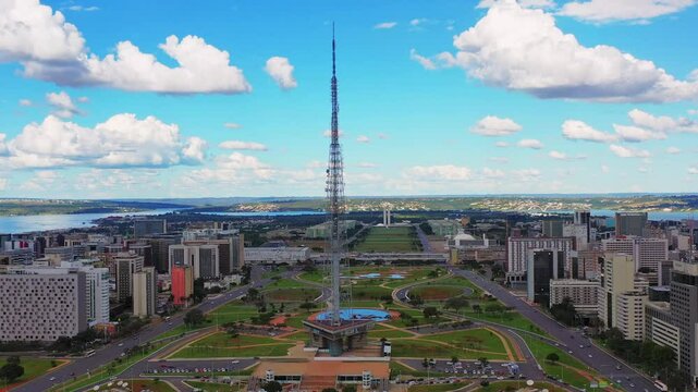 Panoramic aerial view of Brasilia's city center and the Monumental Axis avenue, including the TV Tower.
