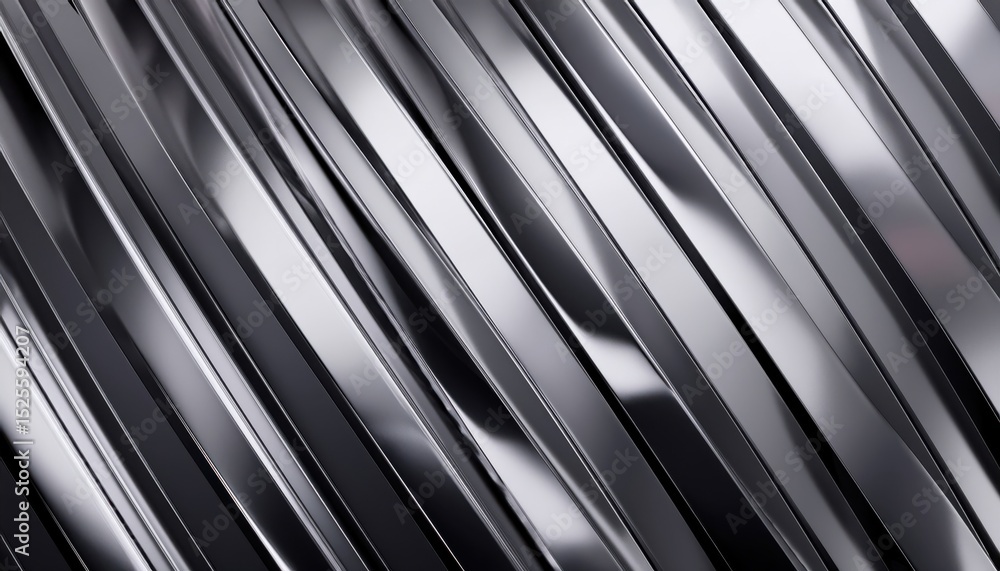 Poster sleek diagonal chrome stripes with high-gloss metallic surface and mirror like reflections for modern web design, futuristic branding, product mockup, or luxury print media background

