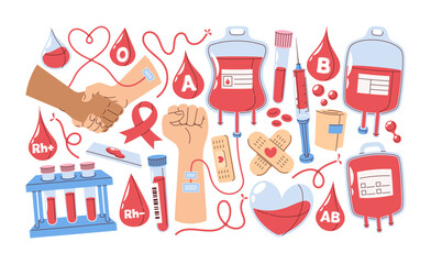 Blood donor cartoon set with urgency medical supplies for treatment, plasma bags to save human lives