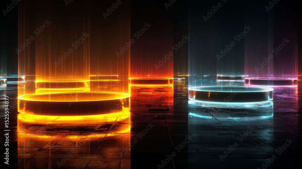 Poster set of futuristic neon portals on transparent background. realistic vector illustration of round squ