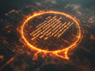 Abstract glowing digital data stream with text within a circular frame. Futuristic, technological concept ideal for backgrounds, presentations, or techrelated projects.