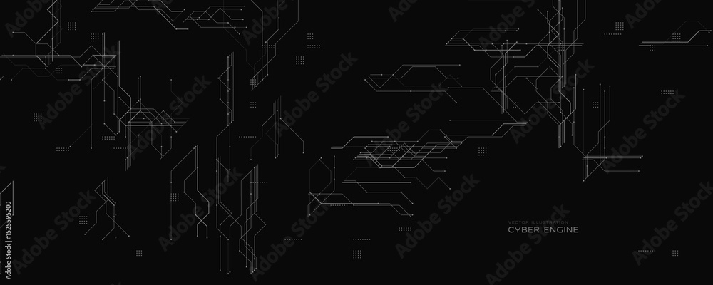 Aufkleber Cyber Engine Background With Dark Circuit Grid. Black tech layout with fine digital lines. Ideal for cyber themes, security, and futuristic UI. Elegant modern structure BG. Vector illustration.