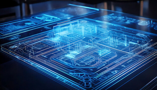 Stunning futuristic holographic interface displayed on a sleek, transparent surface.  Perfect for illustrating technology, innovation, AI, digital transformation, and futuristic concepts.