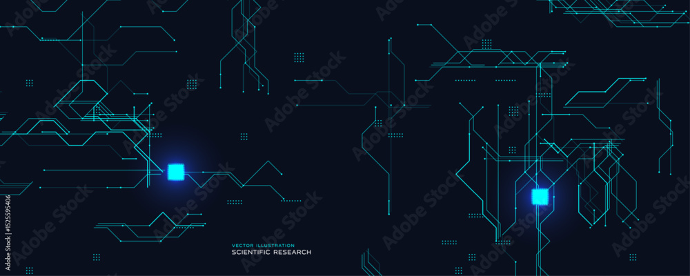 Poster Scientific Circuit Board With Glowing Chips. Dark tech background with two bright microprocessors. Ideal for research, AI, and innovation themes. Futuristic lines structure. Vector illustration.