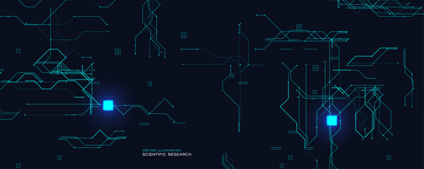 Scientific Circuit Board With Glowing Chips. Dark tech background with two bright microprocessors. Ideal for research, AI, and innovation themes. Futuristic lines structure. Vector illustration.
