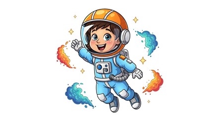 Smiling cartoon girl astronaut floating in space. Fun and inspiring science-themed character on white background.