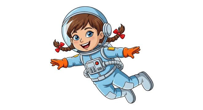 Smiling cartoon girl astronaut floating in space. Fun and inspiring science-themed character on white background.