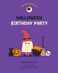 Birthday invitation template. Halloween illustration in flat doodle style. Colorful composition for kids. Concept for banner, poster or card