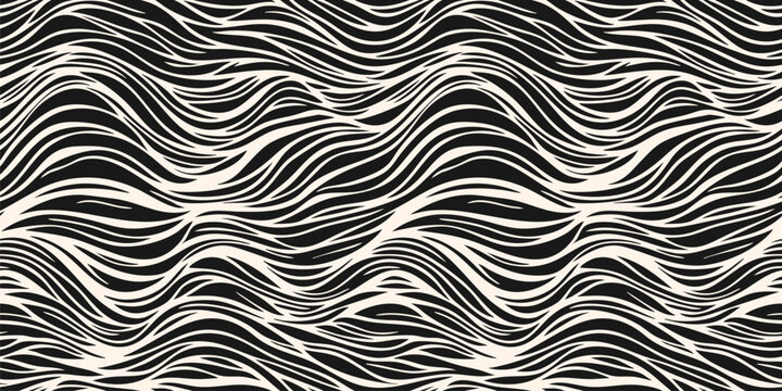 Vector seamless pattern with organic shapes, liquid lines, waves, fibers, threads, biological structures. Black and white abstract tangled line background. Simple natural texture. Repeating design