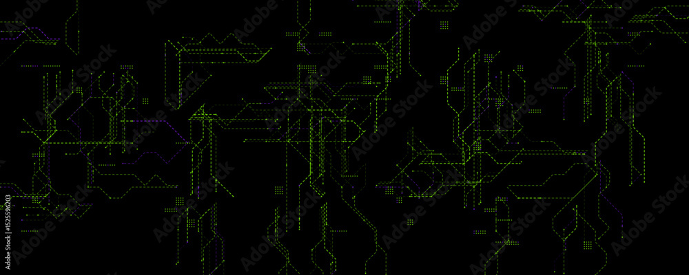Aufkleber Neon Circuit Network With Green And Purple Lines. Futuristic digital background for cybersecurity, hacking, and AI themes. Glowing grid with abstract paths. Clean tech BG. Vector illustration.