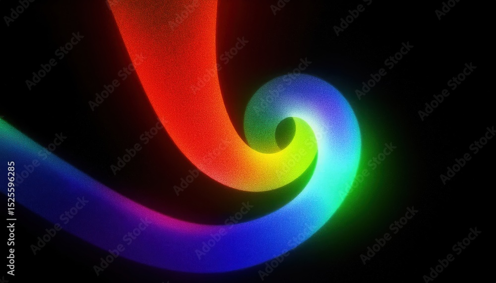 Poster vibrant neon spiral on black background with glowing rainbow gradient curl in abstract motion, perfect for digital art, web design, poster, tech branding, or futuristic interface graphic

