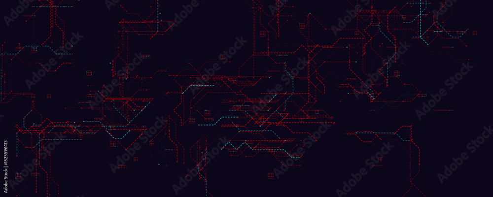 Aufkleber Red Cyber Grid With Futuristic Circuit Lines. Tech background featuring glowing red and cyan digital paths for cyber attack, hacking, and data flow themes. Clean modern layout. Vector illustration.