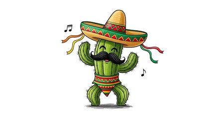 Dancing cartoon cactus wearing a sombrero and mustache. Fun and festive Mexican character on white background.