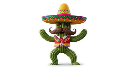 Dancing cartoon cactus wearing a sombrero and mustache. Fun and festive Mexican character on white background.