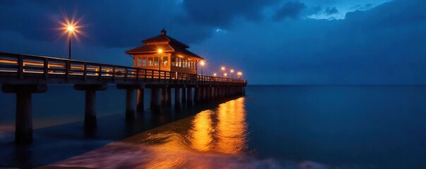 Fototapeta premium Elegant pier lights illuminate a nighttime seascape, casting a warm glow on the wooden structure and the tranquil water Perfect for travel, coastal, or nautical themes , scenery, atmosphere