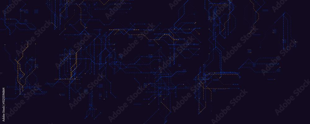 Poster Futuristic Data Grid Neon Lines. Abstract tech background in dark mode with blue and orange dotted circuits for innovation, AI, and analytics visuals. Modern cyber pattern. Vector illustration