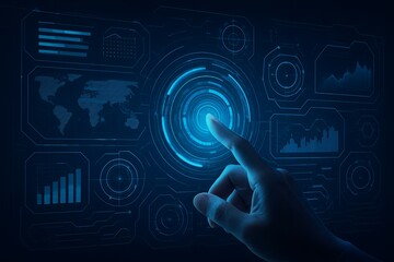 Hand Interacting with Futuristic Digital Interface Showing Global Data and Statistics