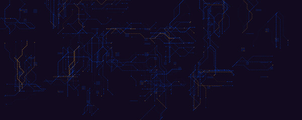 Futuristic Data Grid Neon Lines. Abstract tech background in dark mode with blue and orange dotted circuits for innovation, AI, and analytics visuals. Modern cyber pattern. Vector illustration