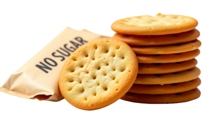 Golden crispbread crackers in a vertical stack with a no sugar package isolated on a transparent background