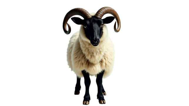 Valais Blacknose sheep displaying distinctive black face, ears, and spiral horns on a clear background