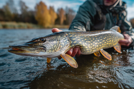 Fisherman holding a northern pike fish - Powered by Adobe