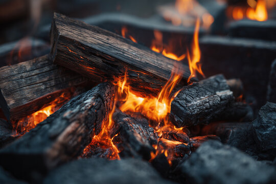 Burning campfire logs and flames - Powered by Adobe