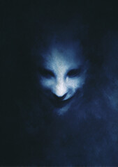 ghostly abstract face emerging from misty blue shadows, eerie surreal portrait evoking fear, mystery and emotion with textured dark background and haunting psychological atmosphere