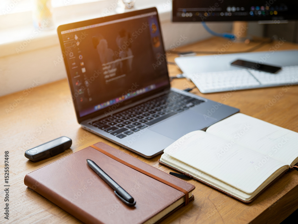 Aufkleber workspace setup with laptop notebook and pen for remote work productivity