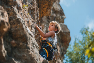 Fototapeta premium Young boy rock climbing outdoors