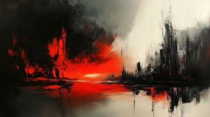 Crimson Twilight: An Abstract Seascape of Fiery Hues and Shadowy Structures