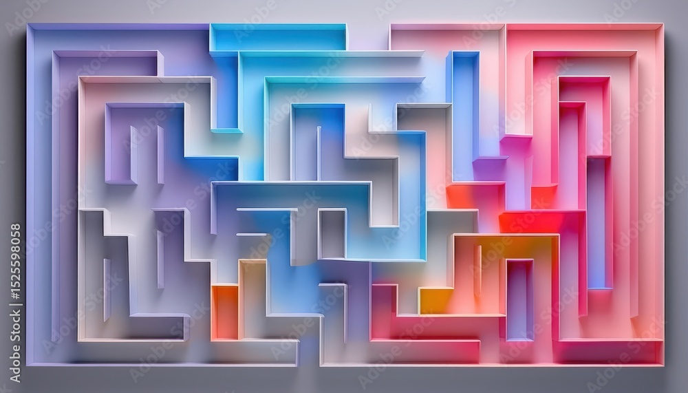 Poster colorful abstract maze pattern with 3d geometric blocks in neon pink blue and orange tones on light 