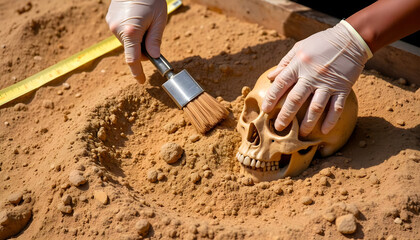 Archaeologist brushing dirt off a skull during an excavation site  