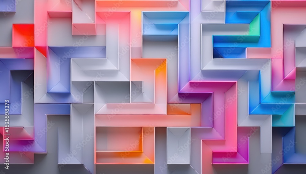 Poster colorful abstract maze pattern with 3d geometric blocks in neon pink blue and orange tones on light 