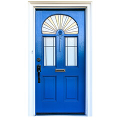 Single Front Door in Royal Blue with Sunburst Stained Glass Design and Decorative Panels for Entryway or Exterior Home Use