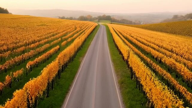  Top-down view of a long, empty road weaving through a vineyard-covered hillside during autumn harvest. The grapevines form neat rows of gold, orange, and green,.