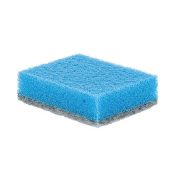 Brand new vibrant blue non-scratch scouring pad, sponge and fibrous sides visible, unused and rectangular, isolated on a seamless transparent background with soft studio lighting, concept for cleaning