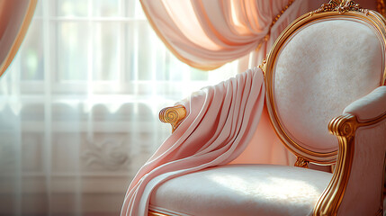 Elegant blush pink armchair with gold detailing, draped in soft fabric, sits near a sunlit window.