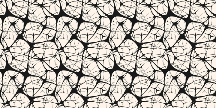 Vector abstract seamless pattern with neurons, brain cells, nerves, organic shapes. Simple monochrome illustration of neural network, net, grid, bionics. Black and white background. Repeated design