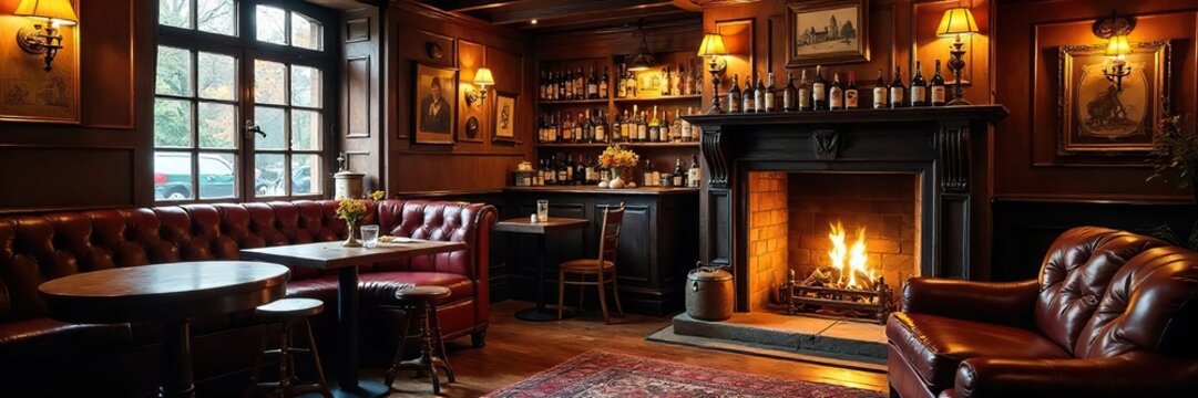 Fototapeta Cozy traditional English pub interior, warm lighting, dark wood furniture, and a crackling fireplace Perfect for autumn or winter themed projects , ale, beer, wood